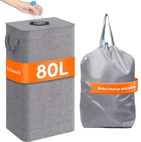 Lifewit 80L Conservazione Delle Bottiglie con Coperchio, Pattumiera Differenziata per Bottiglia Plastica e Bottiglia Vetro, Raccolta Differenziata con Foro, Contenitore Pattumiera, Grigio chiaro