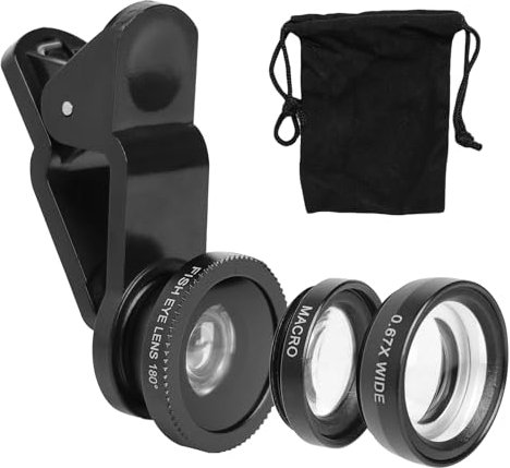 Kasoud 3 in 1 Phone Camera Lens Kit, Includes Fish Eye, 2 in 1 Macro & Wide Angle Lenses, Universal Clip, Black