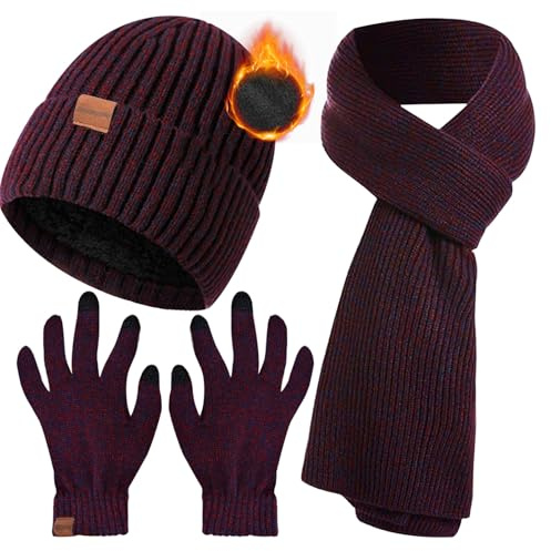Jeackcelle Winter Beanie Hat Scarf for Men and Women with Touchscreen Gloves Set, 3PCS Knitted Hats Thermal Gloves Long Scarf (Wine Red)