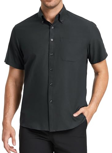 HISDERN Men's Black Shirts Short Sleeve Solid Regular Fit Button Down Shirts for Men Non Iron Formal Casual Office, S