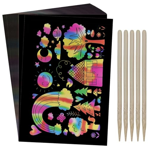 50PCS Scratch Art for Kids, Rainbow Scratch Paper Black Doodle Pads, Rainbow Scratch Notes, Scratch Art Paper, Scratch Painting Paper Paper Set, for Christmas, Thanksgiving
