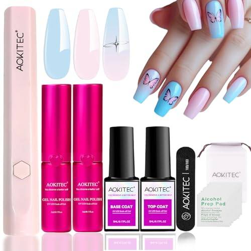 Aokitec UV gel nagellack set: UV lampa för gelnaglar och 2 färger blå och rosa gel nagellack med bas och toppbeläggning, nagellampa, manikyr, gelnaglar själv nagelstudio set för fransk nagelkonst