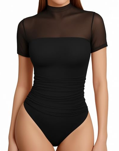 MANGOPOP Women's Mock Turtle Neck Short Sleeve Bodysuit Mesh Sheer Ruched Body Suit Sexy Going Out Summer Tops, Short Sleeve Black, Small