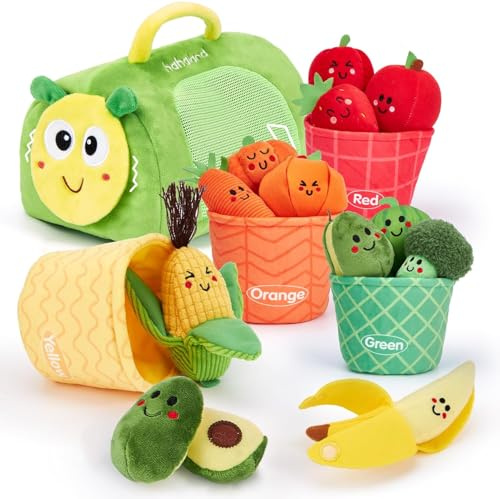 hahaland Baby Spielzeug 6-8-9-12 Monate, Gemüse und Obst Plüsch Spielzeug mit Raupe Aufbewahrung, Montessori Spielzeug ab 1 Jahr, fördert Sortieren, Sensorik und Motorik,Spielküche Zubehör Geschenk