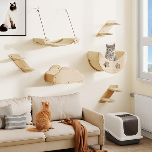 YITAHOME Mur d'escalade pour Chat, 6 pièces en Bois Massif avec 3 escaliers, 2 Lits, 1 hamac en Flanelle, Dormir, Jouer, se détendre