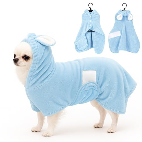 Fnaobai Pet Bathrobe Towel Dog Cat Drying Coat Super Absorbent Cute Dogs Bath Towel Hooded Robe Adjustable Collar & Belly Strap for XSmall to XLarge Pets (Blue, Small)