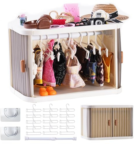 Armario plegable para muñecas Labubu con 15 perchas y varilla, organizador de ropa para casa de muñecas, muebles, accesorios, caja expositora, a prueba de polvo, para ropa de muñeca de 15/17 cm