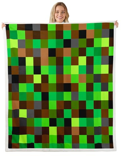 Castle Fairy Green Brown Blocks Throw Blankets,Pixelated Grid Fleece Blanket,Kids Girls Boys Adult Miners Gaming Fuzzy Blankets Build Sandbox Theme Sherpa Blanket Chair Sofa Bed Decor,40×50