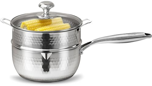 2 QT Tri-Ply Stainless Steel Hammered Saucepan with Steamer Visible Lid and Pour Spout Japanese Milk Pot for Cooking Milk Noodle Pasta Soup Vegetable Induction Compatible Dishwasher Safe