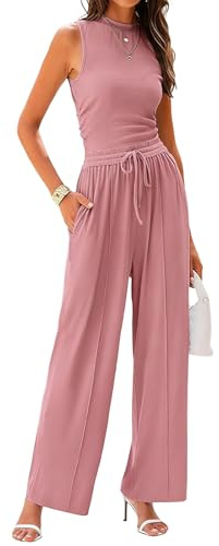 Rayson Conjunto para Mujer de Dos Piezas Casual Verano Top Sin Mangas y Pantalones Anchos de Cintura Alta con Bolsillos Chandal Colores Sólidos Cordón