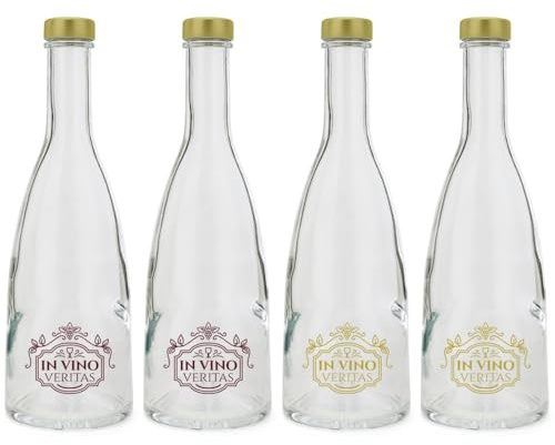 BrandPrint Juego de 4 botellas de cristal modelo Conviva, 750 ml, serigrafía en vino Veritas, tapón de rosca color dorado | Botella cristal vino, idea regalo
