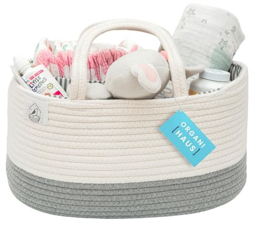 OrganiHaus Cesta de Bebe, Organizador de Pañales, Cesto Cambiador de Bebe Portatil, Cesta de Almacenaje para Regalo de Recién Nacidos, Portapañales de Cuerda de Algodón, Blanco/Gris