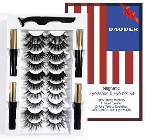 DAODER Magnetic Eyelashes with 4 Tubes Eyeliner Kit Long Magnetic Lashes Wispy 10-20MM Variety Pestañas Postizas Magneticas D Curl 10 Pairs Magnet False Eyelashes for Daily Wear