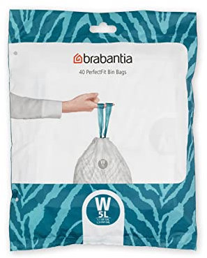 Brabantia 137846 PerfectFit Bin Liners (Size W/5 Litre) Thick Plastic Trash Bags with Tie Tape Drawstring Handles (40 Bags), White