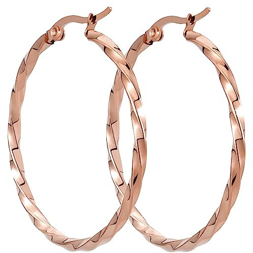 BONNYBIRD® Créoles Or Femme Acier Inoxydable Torsadées Grande Boucles d'Oreilles Bijoux Plaqué Or Doré Hypoallergénique Chirurgical Sans Nickel Ete Boheme Fantaisie