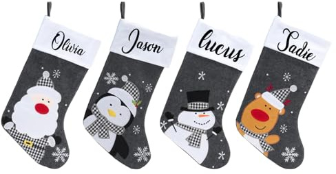 Personalised Christmas Stockings | Custom Name Print with Plush Grey & White Santa Stocking Sacks & Holders | Fireplace & Tree Hanging Ornament, Xmas Decor & Gift for Kids & Adults, 40cm X 25cm
