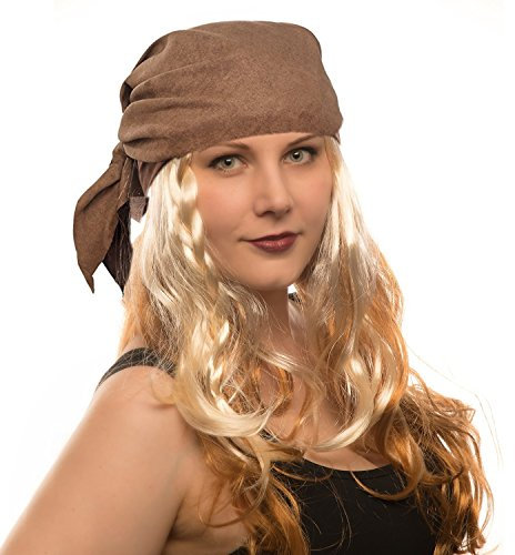 Piraten Piratin Perücke Seeräuber mit Bandana und Perlen Karneval und Fasching (Pirat Blond - Kopftuch Braun)