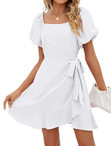 Sampeel White Dress for Women Summer Short Sleeve Mini Wrap Prom Dresses Homecoming Wedding Guest S