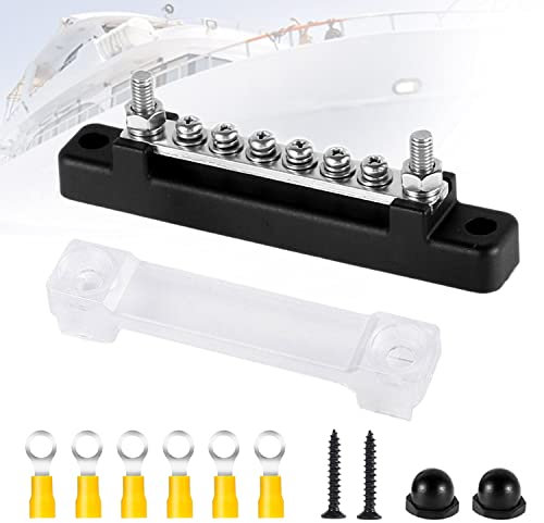 SYULCR Morsetti Elettrici Distribuzione Bus Bar, Connettori Elettrici 6 Borchie 150A 48V DC, Morsettiera Distribuzione con 6 morsettiera e Copertura Protettiva per Camion, Roulotte, Autobus, Barca