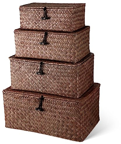 Woanger Set of 4 Wicker Storage Baskets Organizer，Handwoven Storage Bins with Lid for Organizing, Home Utility Box for Home Office Supplies Multipurpose Container(Coffee)
