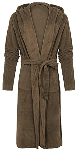 OBiQuzz Peignoir long pour homme avec capuche en polaire douce - Combinaison d'hiver - Manteau chaud - Long et doux - Pour le spa et les vacances, marron, XXXL