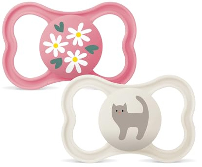 MAM Air Succhietto 6-16 Mesi (Set da 2), Ciuccio MAM 6-16 mesi per pelli sensibili e delicate, Kit da 2 accessori neonato con tettarella in caucciù naturale e porta ciuccio sterilizzatore, Rosa/Neutro