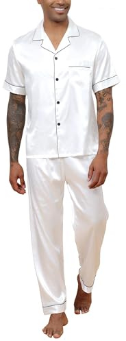 Reliwel Pyjamas, herr, lång satin, pyjamas-set, tvådelad, långärmad, knappslå hemmadräkt och pyjamasbyxor, sidenpyjamas, nattkläder, män, hemmakläder, sovkläder, loungewear, Vit, XL