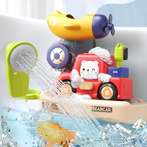 Badewannenspielzeug Set, Wasserspielzeug Kinder mit Kinderdusche und Schaummaschine, Badespielzeug Baby mit Starke Saugnäpfe, Badewannen Spielzeug Geschenk für Jungen Mädchen Geburtstag (Auto)
