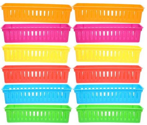 Tofficu 12pcs Colorful Pencil Holder for Kids Desk, Plastic Pen Baskets Tray for Classroom Storage, Small Stackable Stationery Caddy for Teachers and Students