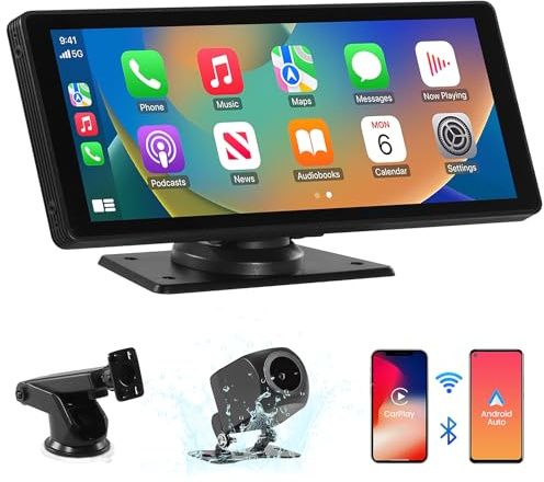 Bärbar bilradio med 10,26-tumsskärm, med trådlös anslutning till CarPlay och Android Auto, med backkamera, Bluetooth, Mirror Link, GPS-navigering, FM-sändare, AUX-kabel