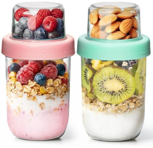 ComSaf 2er Müslibecher to go, 480ml+120ml Overnight Oats Gläser, Joghurtbecher to go mit Doppelschicht-Design,Trocken- und Nasstrennung Müsli to go Becher, Meal Prep Gläser mit Deckel für Yogurt Salat