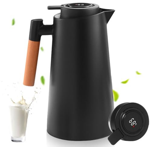 Thermoskanne, Isolierkanne, Kaffeekanne Thermo Doppelwandige Vakuumisolierung, Kaffeekanne Teekanne mit Holzoptik griff, Warmhaltekanne für Tee, Wasser, Getränk, (Schwarz,1L)
