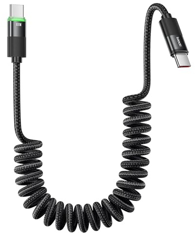 toocki Spiralkabel USB C, 1,8M 100W spiralkabel med LED | laddningskabel USBC-kabel för Android Bil MacBook iPhone 16,Galaxy S24, Xiaomi,mobiltelefoner,surfplatta,bärbar dator