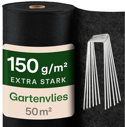 Praknu Gartenvlies 150g/m² mit 24 Erdankern - 𝗘𝘅𝘁𝗿𝗮 𝗦𝘁𝗮𝗿𝗸 & Reißfest – 50m² Mulchvlies für dauerhaften Unkrautschutz – Für Wege, Kies & Steingärten