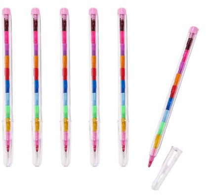 FuzlPnag 6 Stück Stapelbare Buntstifte, Wachsmalstifte, Baustein Buntstifte, Farbwechselstift, Steckbare Malstifte für Kinder, Geburtstagsgeschenke & Party Geschenke