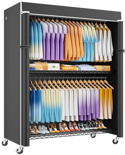 ULIFHOME P8C Max Heavy Duty Clothes Rack（With Extended Width Design） Rolling Clothing Racks for Hanging Clothes with Lockable Wheels，51.2W x 15.8D x 80.5H，Load 700LBS，Black Rack with Black Cover