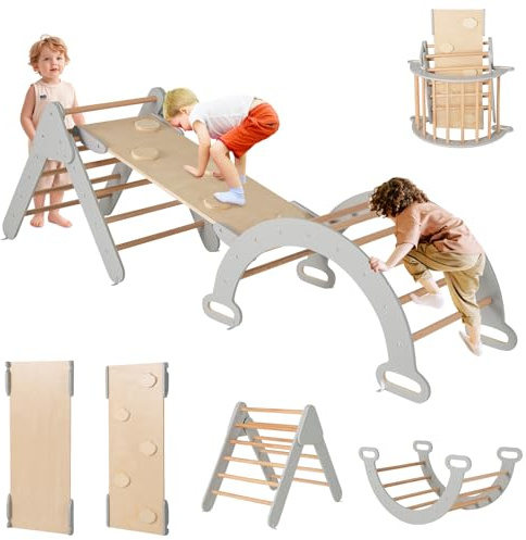RELAX4LIFE 4 in 1 Triangolo da Arrampicata con Scivolo per Bambini, Arco da Arrampicata e Scala per Arrampicarsi in Legno, Montessori Giocattoli Bimbi 2 3 4 5 Anni (Grigio)