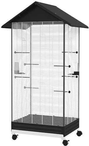 PawHut Gabbia per Uccelli con Ruote e Posatoi in Plastica, Tetto e Mangiatoie, Voliera in Acciaio per Uccelli con Vassoio Estraibile, da Interno e Esterno, 79x65x155cm, Nero