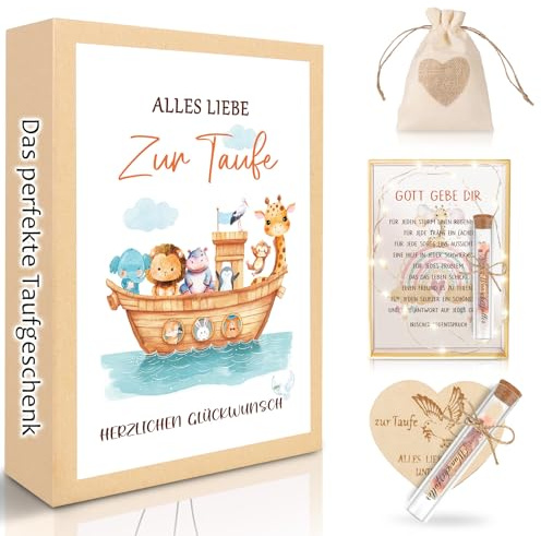 TUZELIYA Regali per battesimi, ragazze con catena luminosa a LED, carta di legno, sacchetto di iuta, regalo di battesimo, idea regalo, tutto l'amore per il battesimo, denaro, confezione regalo