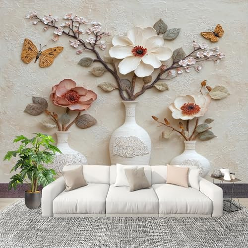Mural de Interior Fotomurales 300x210 cm JarróN En Relieve Con Flores Tejido No Tejido Fotomurales Papel Pintado Blanco Pared Panorámico para Dormitorio Salón TV Pared Murales Póster