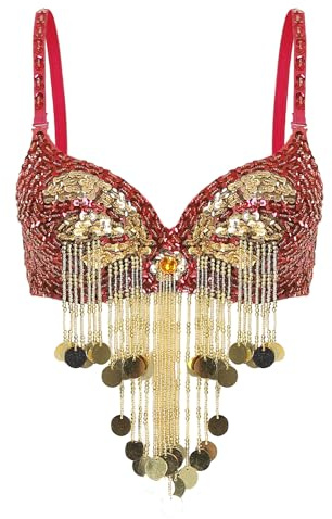 Linyuir Women Paillettes Top Danza del Ventre Reggiseno con Bretelle Spaghetto Top A Vita Alta con Perline Frange Crop Top Sexy Abiti da Ballo Abbigliamento per Club Feste Rosso Taglia Unica
