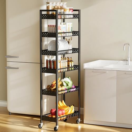 Kssiaz Schlanker Aufbewahrungswagen, 6-stufiger Rollwagen mit Rädern, Schmaler mobiler Utility-Regalorganisierer für Küche, Bad, Waschküche, Wohnzimmer und Enge Räume, 9,84 Zoll (B)