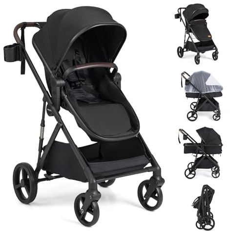 COSTWAY 3 in 1 Baby Stroller, Foldable Travel System Pram with Reversible Seat, Adjustable Canopy & Backrest, Mesh Net, Storage Basket, Lightweight Infant Newborn Pushchair for 0-36 Months (Black)