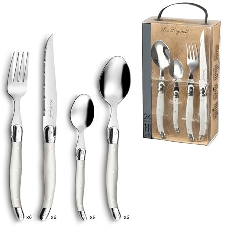 Lou Laguiole Tradizione Servizio di Posate da 24 Pezzi, Cofanetto per 6 Persone, Acciaio Inossidabile Plastica, Perla