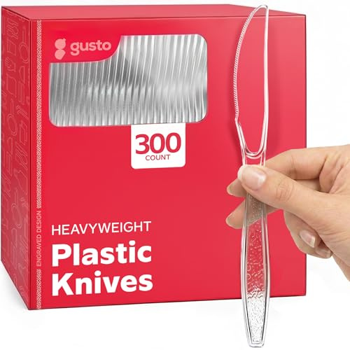 Comfy Package [300 Pack] Clear Plastic Knives Heavy Duty with Engraved Design - Plastic Knives Disposable, Sturdy Plastic Silverware for Parties, Weddings, and Events
