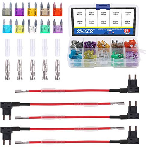 Glarks 130Stück Mini Autosicherung Flachsicherung Set, 120Stück Flachsicherung Sicherung Set 2A/3A/5A/7.5A/10A/15A/20A/25A/30A/35A mit 5 Stück Sicherungshalter+5 Stück Anschlussklemmen Autosicherungen