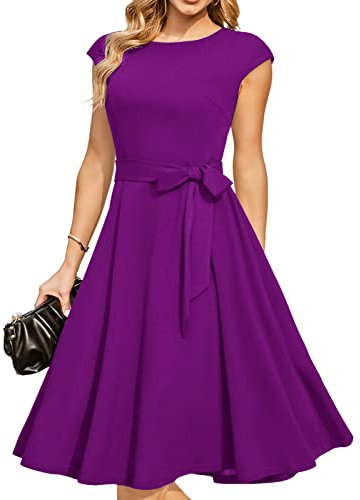 DRESSTELLS Robe Cocktail Mariage Vintage Robe Casual Femme Robe de Soiree Femme Robe baptême col Rond Manches Courtes Violet L