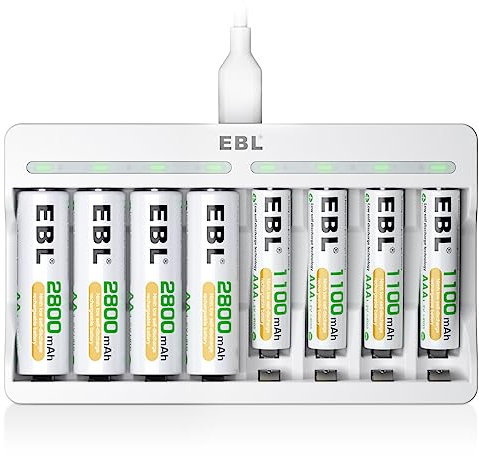EBL 8 Slots LED Individual Battery Charger AA AAA NiMH with 5V 2A Fast Charging Function, including 4 x Rechargeable Battery AA and 4 x AAA Rechargeable Batteries (New Battery Packaging)