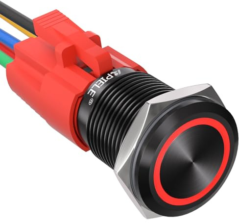 APIELE Interruttore a pressione da 16 mm, 12 VDC 5 A, in lega di alluminio nero con illuminazione ad anello LED, impermeabile, interruttore a pressione interruttore on/off (rosso)