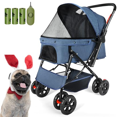 Wedyvko Passeggino per cani, per cani di piccola taglia e gatti, fino a 15 kg, con cestino portaoggetti e portabicchieri, blu navy